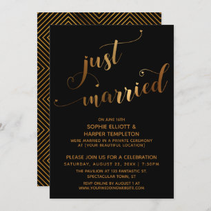Faux Gold on Black Just Married Post-Wedding Event Invitation