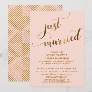 Faux Gold on Blush Just Married Post-Wedding Event Invitation