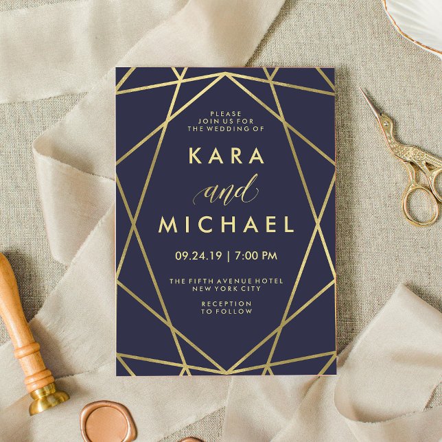 Faux Gold on Navy Modern Geometric Wedding Invitation (Creator Uploaded)