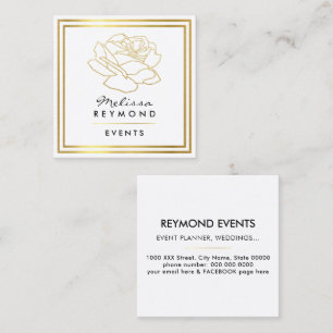 Faux Gold Outlined Rose Flower, Events white Square Business Card