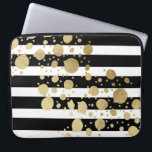 Faux Gold Paint Splatter on Black and White Laptop Sleeve<br><div class="desc">This elegant and swanky gold paint splatter on black and with stripes pattern is perfect for the trendy and stylish woman. It's modern and upscale print is great for many gifts and occasions.</div>