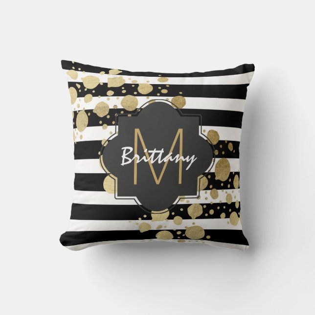 Faux Gold Paint Splatter on Black & White Monogram Cushion (Front)
