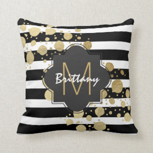 Faux Gold Paint Splatter on Black & White Monogram Cushion