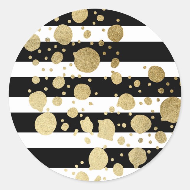 Faux Gold Paint Splatter on Black & White Stripes Classic Round Sticker (Front)