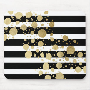 Faux Gold Paint Splatter on Black & White Stripes Mouse Pad