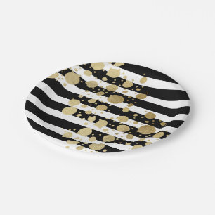 Faux Gold Paint Splatter on Black & White Stripes Paper Plate