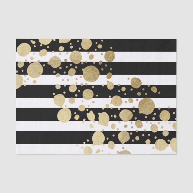 Faux Gold Paint Splatter on Black & White Stripes Tissue Paper (Front)