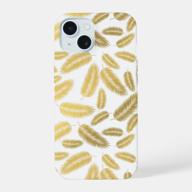 Faux Gold Palm Leaves Pattern iPhone 15 Case (Back)