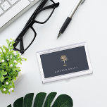 Faux Gold Palm Tree Personalised Business Card Holder<br><div class="desc">Elegant business card holder features your name and/or business name in classic white lettering on a navy blue background adorned with a tropical palm tree illustration in faux gold foil.</div>