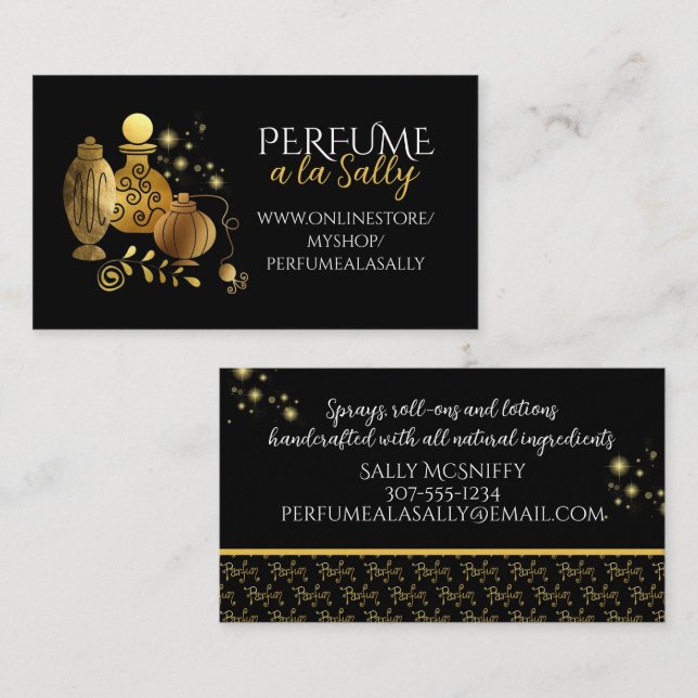 Faux gold perfume bottles handcrafted scent lotion business card (Front/Back)