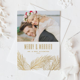 Faux Gold Pine Needles Merry and Married Photo Holiday Card