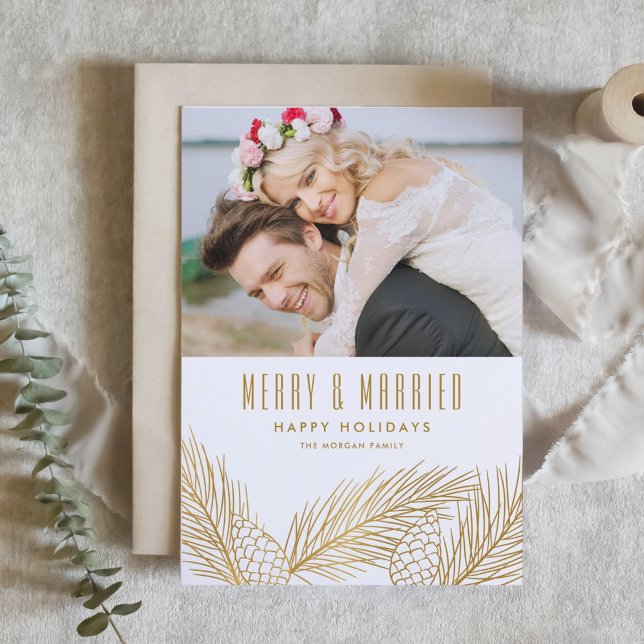 Faux Gold Pine Needles Photo  Wedding Christmas Holiday Card (Creator Uploaded)