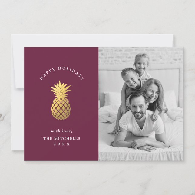 Faux Gold Pineapple on Burgundy | Christmas Photo Holiday Card (Front)