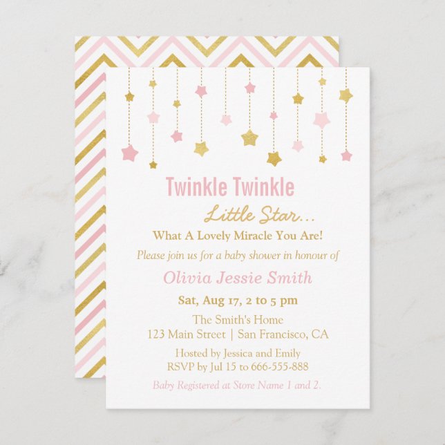 Faux Gold Pink Twinkle Twinkle Little Star Baby Invitation (Front/Back)
