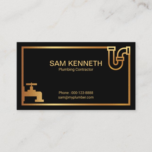 Faux Gold Plumbing Icons Creative Gold Border Business Card (Front)