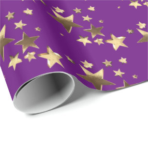 Faux Gold Purple Christmas Stars Pattern Add Text Wrapping Paper