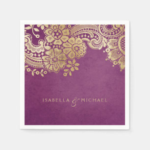 Faux gold purple elegant vintage lace wedding napkin