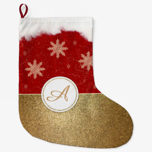 Faux Gold Red and White Monogram Large Christmas Stocking