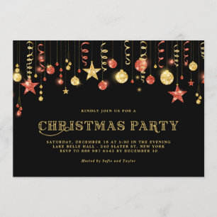 Faux Gold & Red Glitter Ornaments Christmas Party Invitation