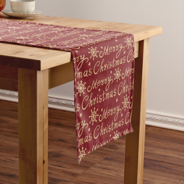 Faux Gold & Red Merry Christmas Lettering Pattern Short Table Runner (In Situ)