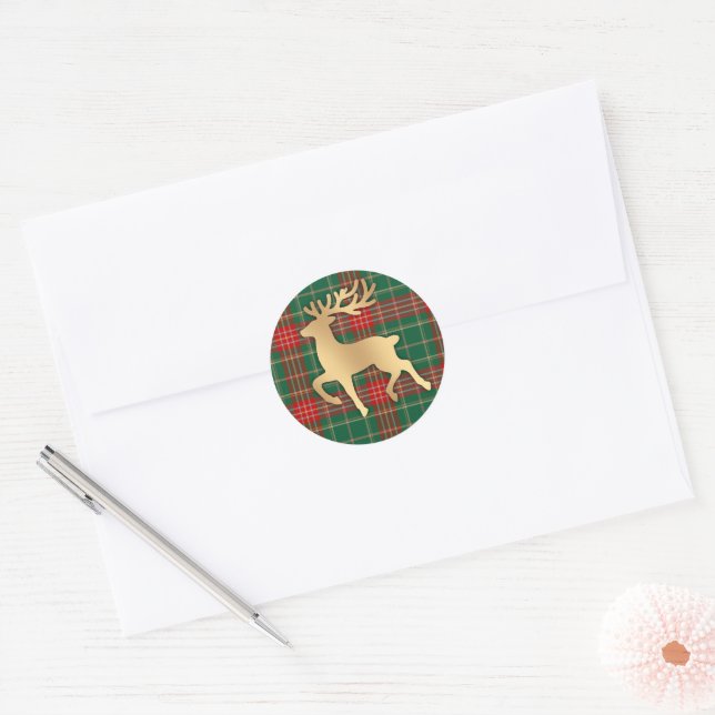 Faux Gold Reindeer Plaid Classic Round Sticker (Envelope)