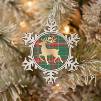 Faux Gold Reindeer Plaid Snowflake Pewter Christmas Ornament