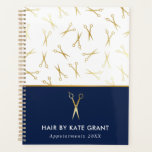 Faux Gold Scissor Blue Hair Stylist Appointment Planner<br><div class="desc">Chic hair stylist appointment book with a pattern of faux gold scissors and a design in white,  navy blue,  and faux gold. Add your name and the year.</div>