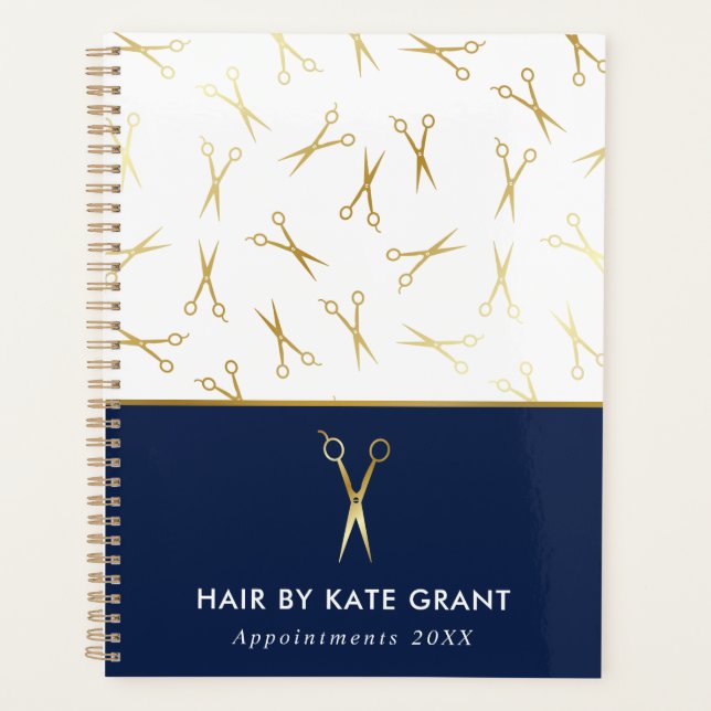 Faux Gold Scissor Blue Hair Stylist Appointment Planner (Front)