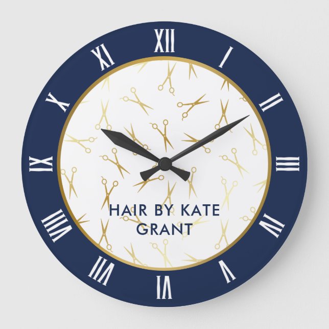 Faux Gold Scissors Navy Blue Hair Salon Large Clock (Front)