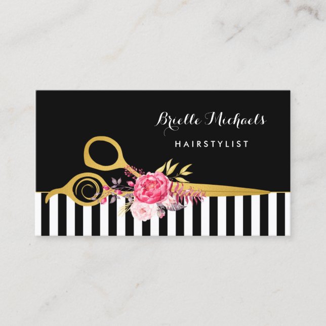 Faux Gold Scissors Stripes Pink Floral Hair Salon Business Card (Front)