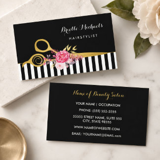Faux Gold Scissors Stripes Pink Floral Hair Salon Business Card