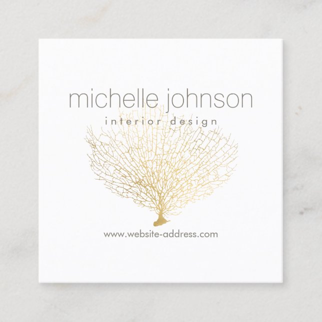 Faux Gold Sea Fan Coral Interior Designer Square Business Card (Front)