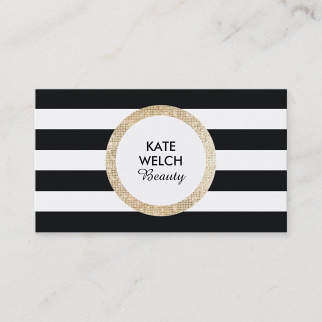 FAUX Gold Sequin Black and White Striped Beauty Business Card (Front)