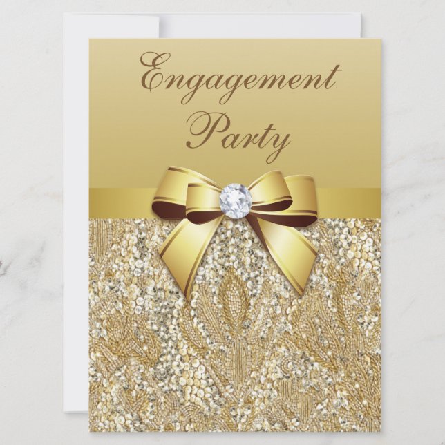 Faux Gold Sequins and Bow Engagement Party Invitation (Front)
