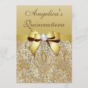 Faux Gold Sequins and Bow Quinceañera Invitation