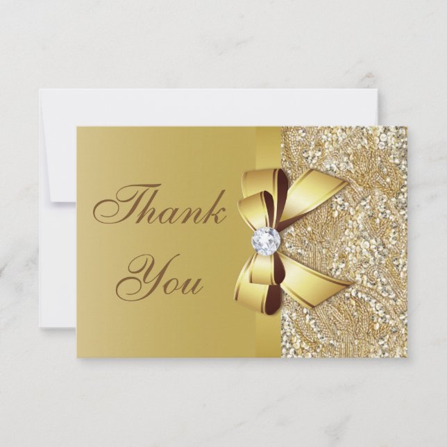 Faux Gold Sequins and Bow Wedding Thank You (Front)