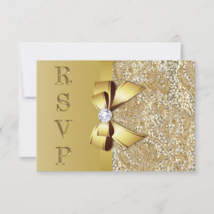 Faux Gold Sequins Bow Diamond RSVP Card
