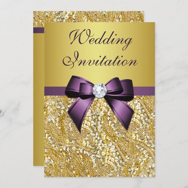 Faux Gold Sequins Diamonds Purple Bow Wedding Invitation (Front/Back)