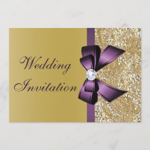 Faux Gold Sequins Purple Bow Wedding Invitation
