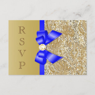 Faux Gold Sequins Royal Blue Bow RSVP Invitation