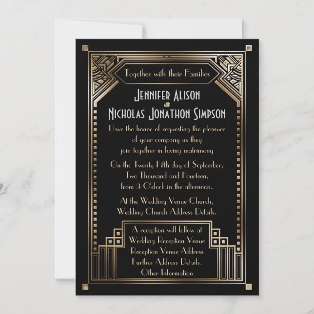Faux Gold Shaded Art Deco Wedding Invitation (Front)