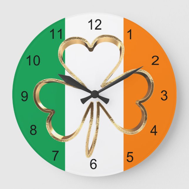 Faux Gold Shamrock Clover Irish Flag Large Clock (Front)