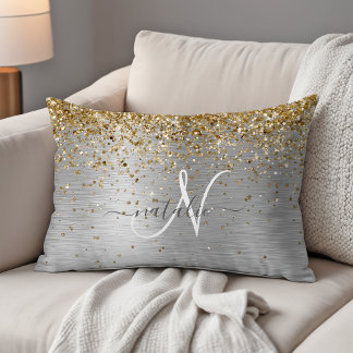 Faux Gold Silver Brushed Metal Glitter Monogram Decorative Cushion