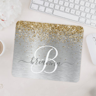 Faux Gold Silver Brushed Metal Glitter Monogram Mouse Pad