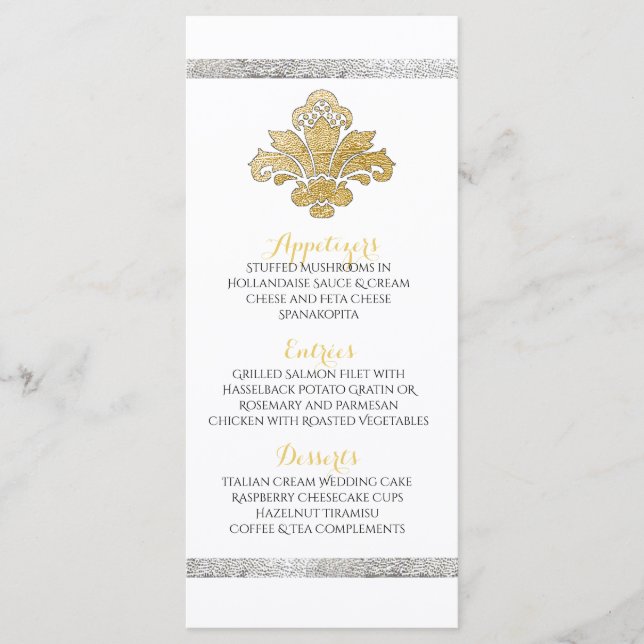 Faux Gold/Silver Damask Wedding Dinner Menu Black (Front)