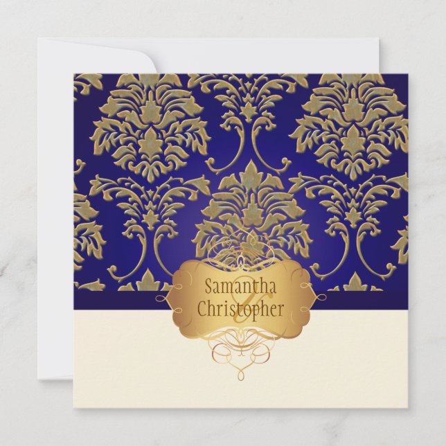 Faux gold/silver damask wedding invitation (Front)