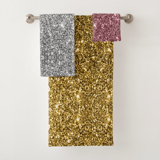 Faux Gold Silver Rosegold Metallic Sparkle Glitter Bath Towel Set (Insitu)