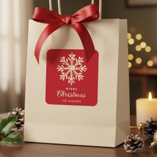 Faux Gold Snowflake Red Custom Holiday Square Sticker
