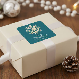 Faux Gold Snowflake Teal Custom Holiday Square Sticker