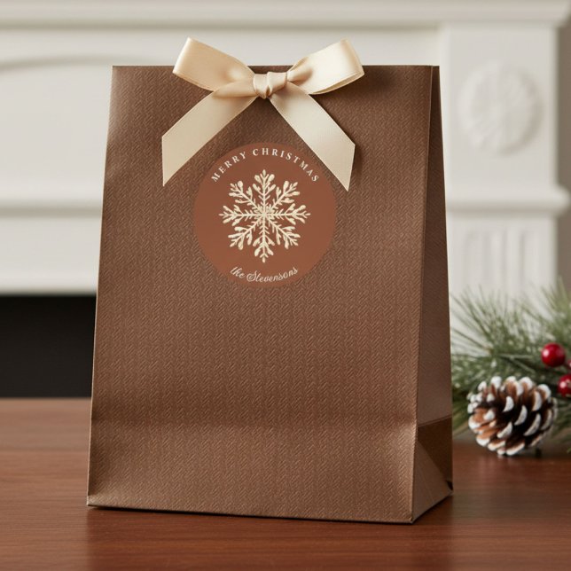 Faux Gold Snowflake Terracotta Custom Holiday Classic Round Sticker (Creator Uploaded)